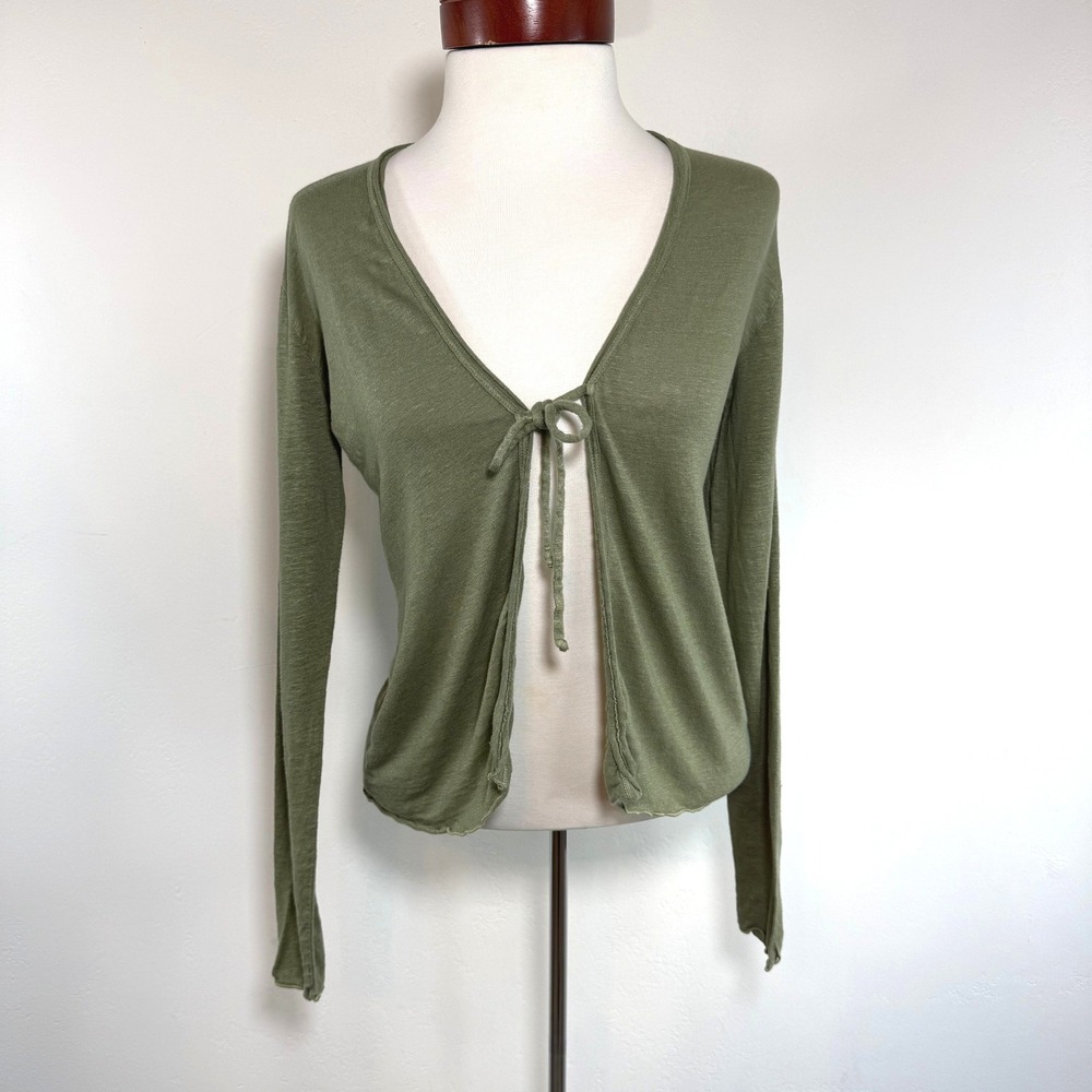 Cut Loose Linen Blend Tie‎ Front Cardigan Olive Green Boho Lagenlook Earhy XS